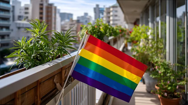 Regenbogenfahne auf Stadtbalkon mit üppiger Bepflanzung