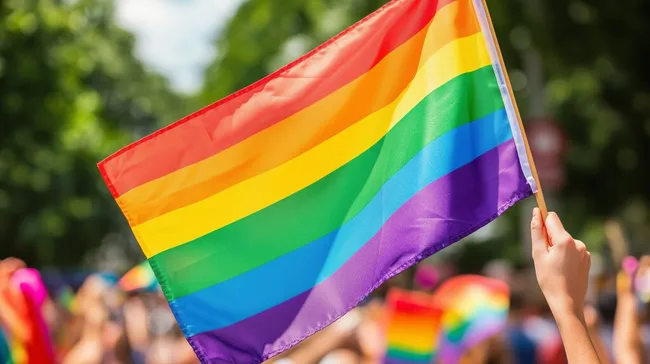 Regenbogenfahne bei bunter LGBTQ+-Parade