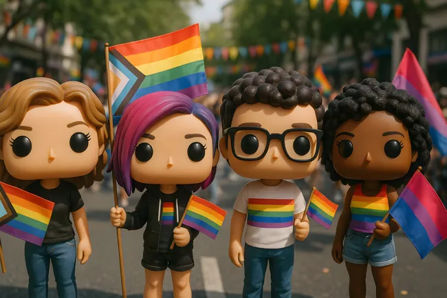 Regenbogenfahnen bei LGBTQ+-Demonstration mit Funko Figuren