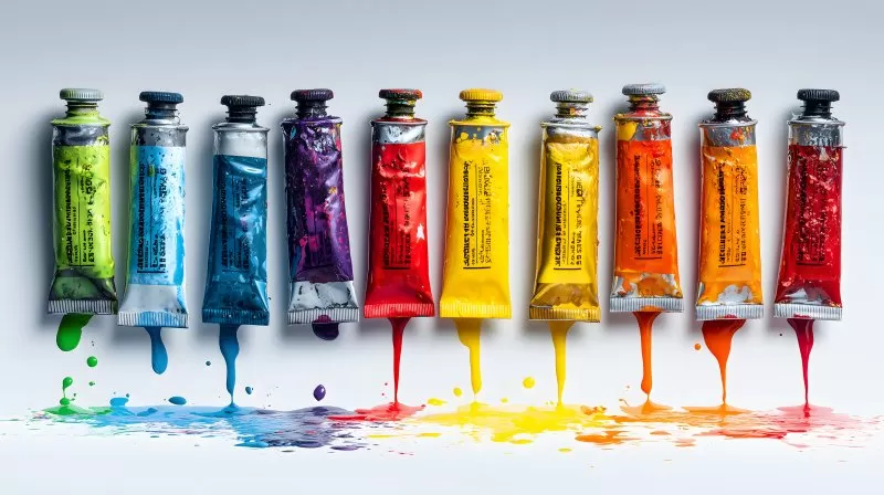Regenbogenfarbene Farbtuben mit Klecksen auf Weiß
