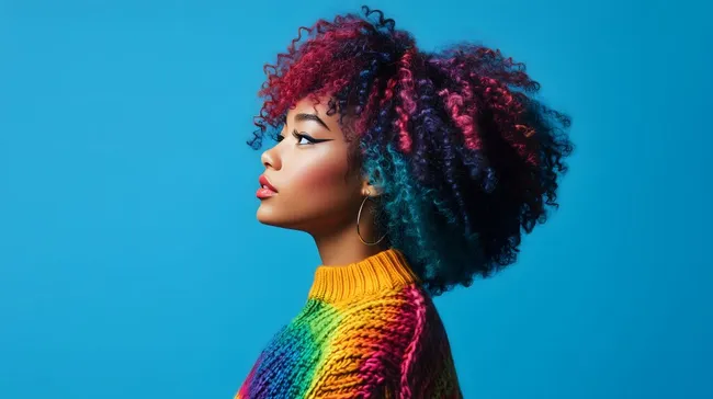 Regenbogenfarbene Lockenpracht auf Blau