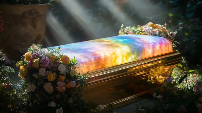 Regenbogenfarbener Sarg mit eleganten Blumenarrangements