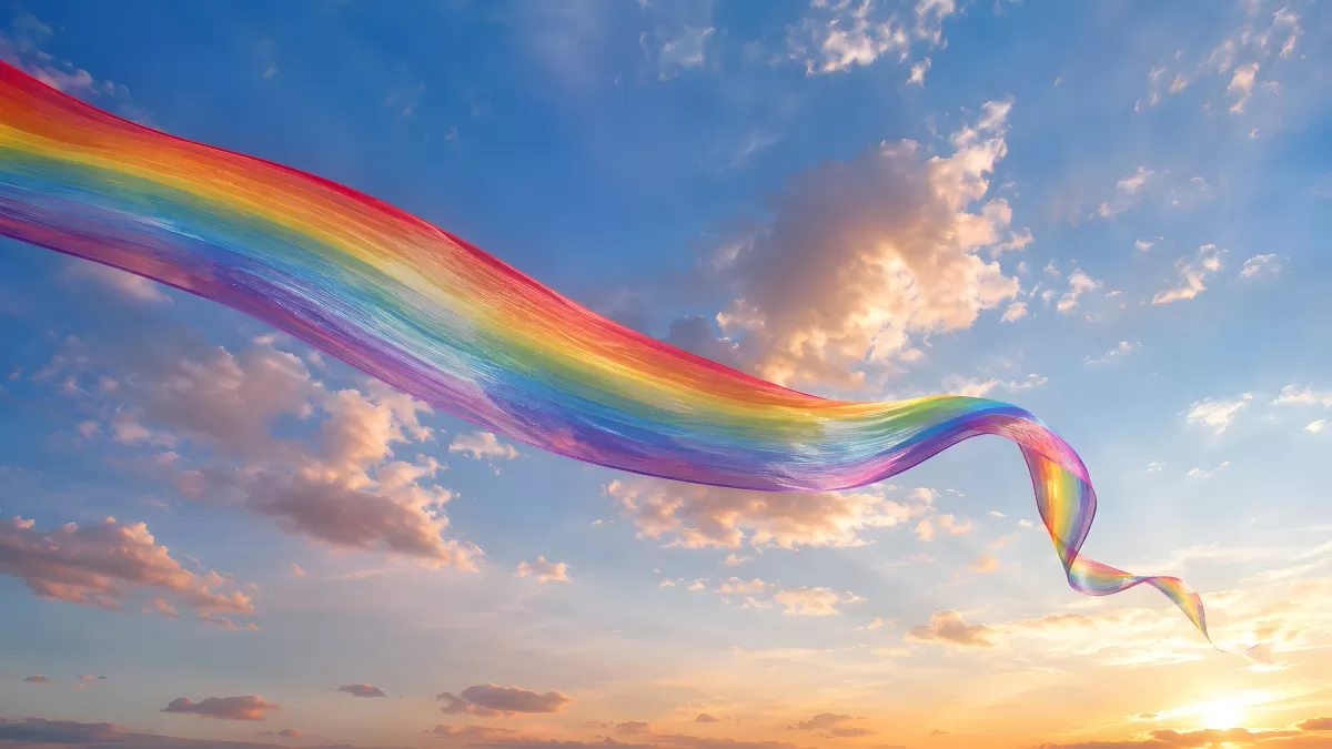 Regenbogenfarbenes Band weht im Abendhimmel