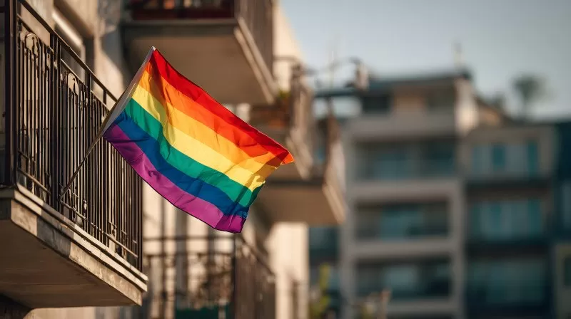 Regenbogenflagge auf Balkon im Sommer