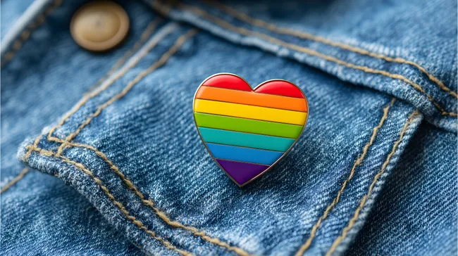 Regenbogenherz-Brosche auf Jeansjacke