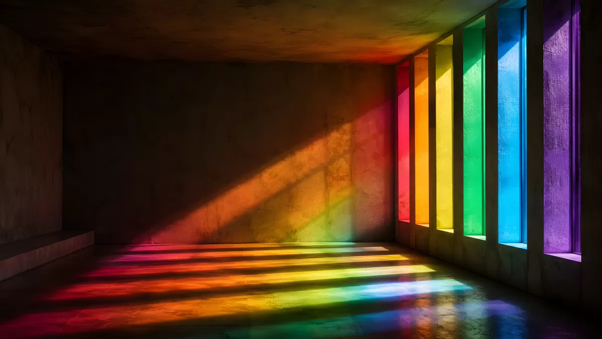 Regenbogenlicht fällt durch bunte Glasfenster in Betonraum