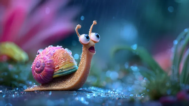 Regenbogenschnecke staunt erstaunt in den Regen