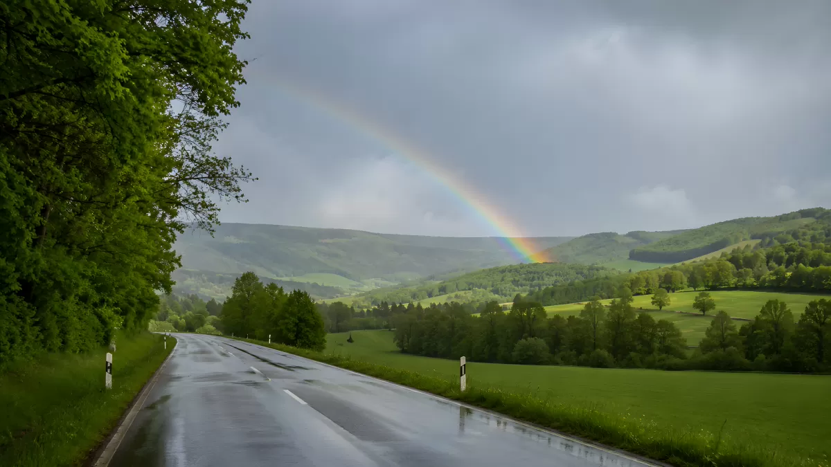 Regennasse Landstraße mit Regenbogen über grünen Hügeln