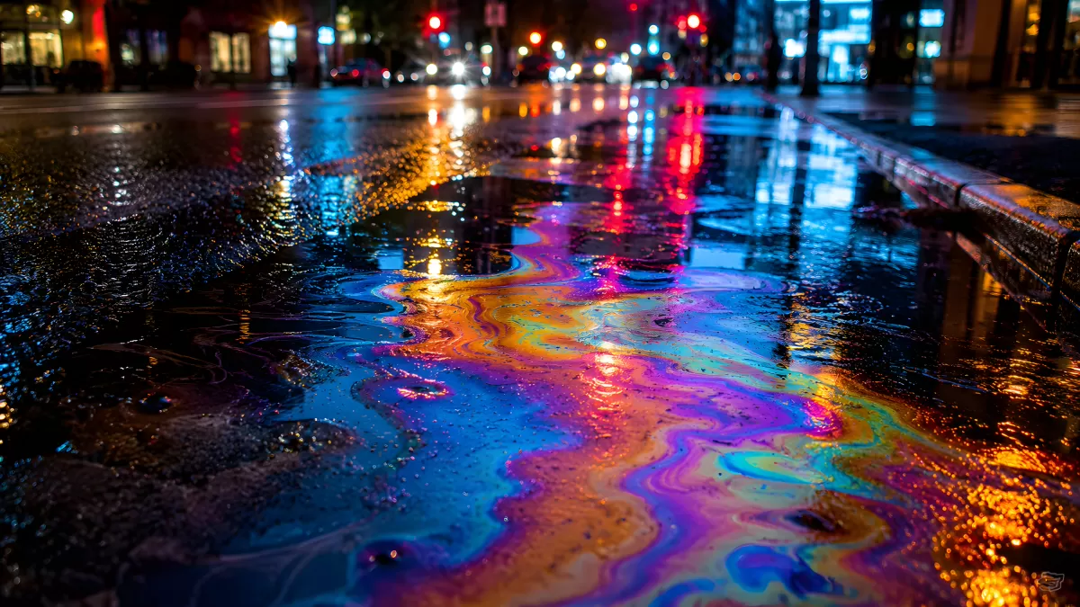 Regennasse Straße nachts mit schillerndem Ölfilm