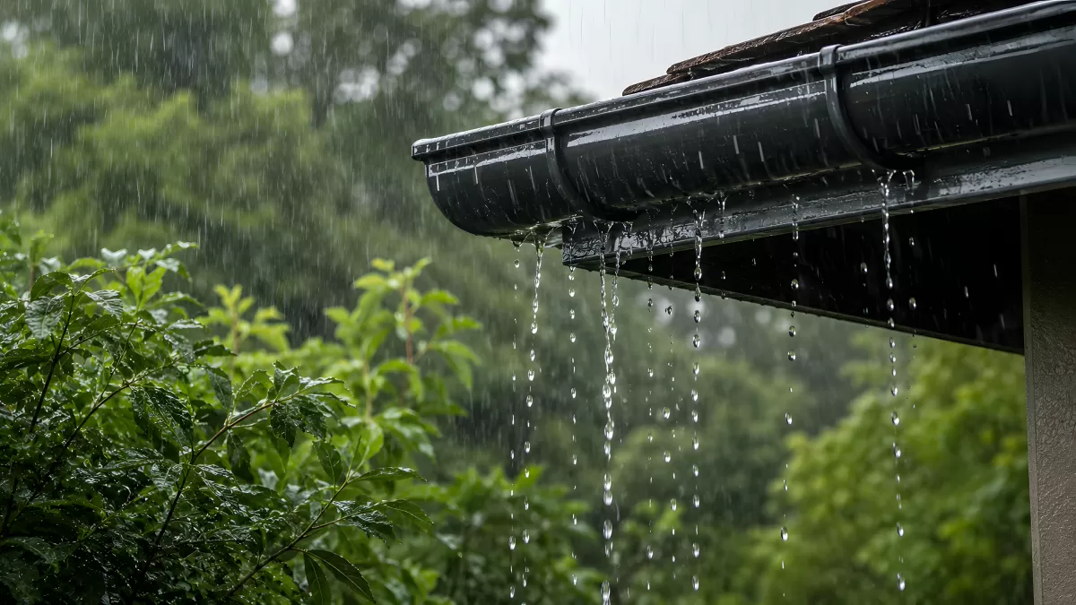 Regenrinne läuft über bei starkem Sommerregen