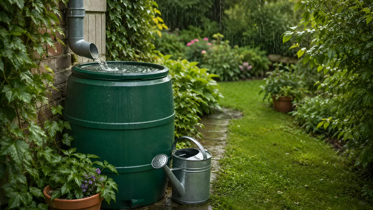 Regentonne im Garten füllt sich bei Regen