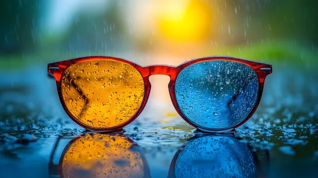 Regentropfen auf bunter Sonnenbrille mit Sonnenschein