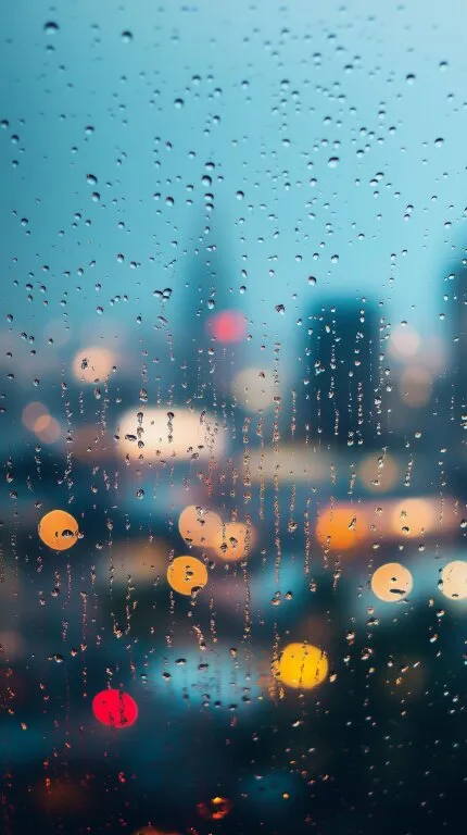 Regentropfen auf Fensterscheibe mit unscharfer Stadtsilhouette