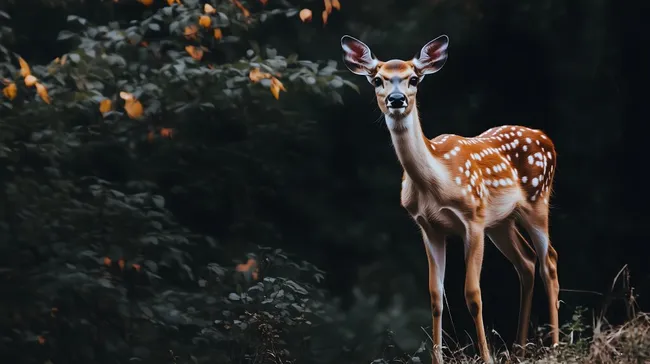 Reh in herbstlichem Waldlandschaft mit dunklem Hintergrund