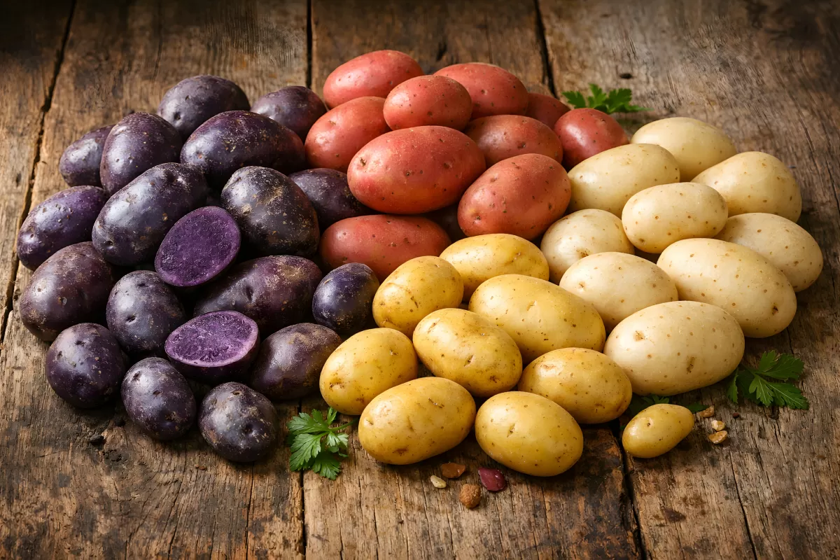 Reiche Ernte frischer Kartoffeln und Beeren