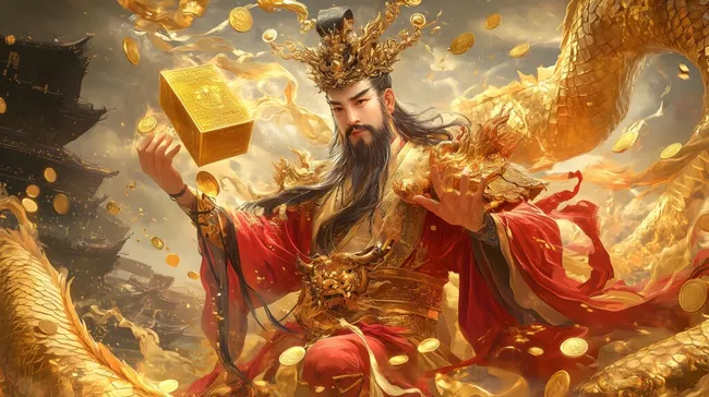 Reicher Götterkönig mit Goldschätzen und Drachen