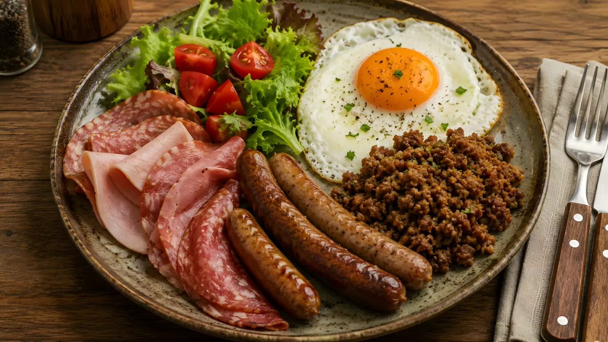 Reichhaltiger Frühstücksteller mit Wurst, Ei und Salat