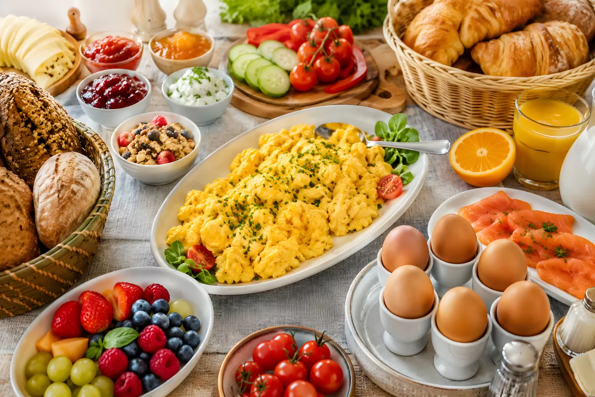 Reichhaltiges Frühstücksbuffet mit Eiern und frischem Obst