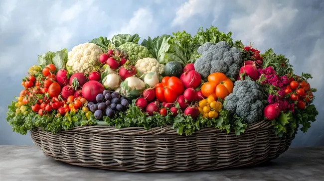 Reichhaltiges Gemüsearrangement in rustikaler Weide-Schüssel