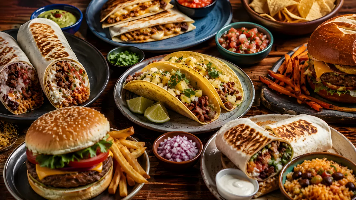 Reichhaltiges Tex-Mex-Buffet mit Tacos und Burgern
