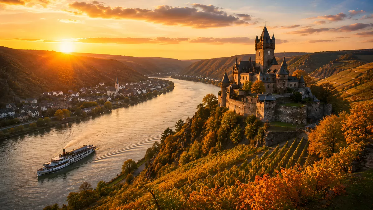 Reichsburg Cochem bei Sonnenuntergang über der Mosel