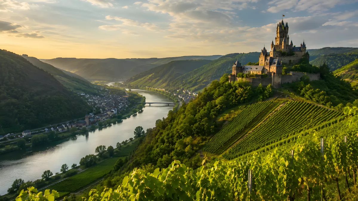 Reichsburg Cochem über dem Moseltal bei Sonnenuntergang