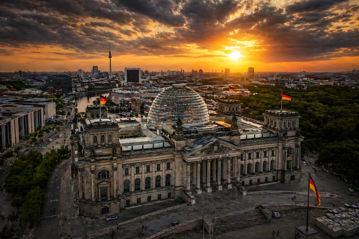 Reichstagsgebäude Berlin bei dramatischem Sonnenuntergang