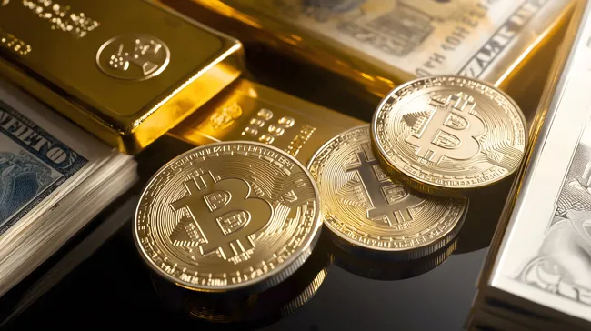 Reichtum und Kryptowährungen: Bitcoins und Goldbarren