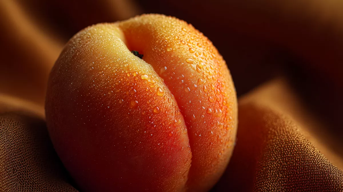 Reife Aprikose mit Wassertropfen in Nahaufnahme