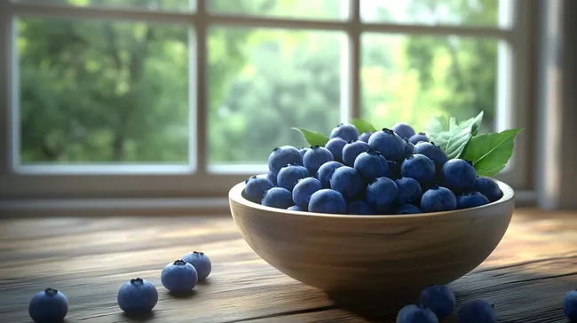 Reife, blaue Heidelbeeren in Holzschale vor Fensterblick