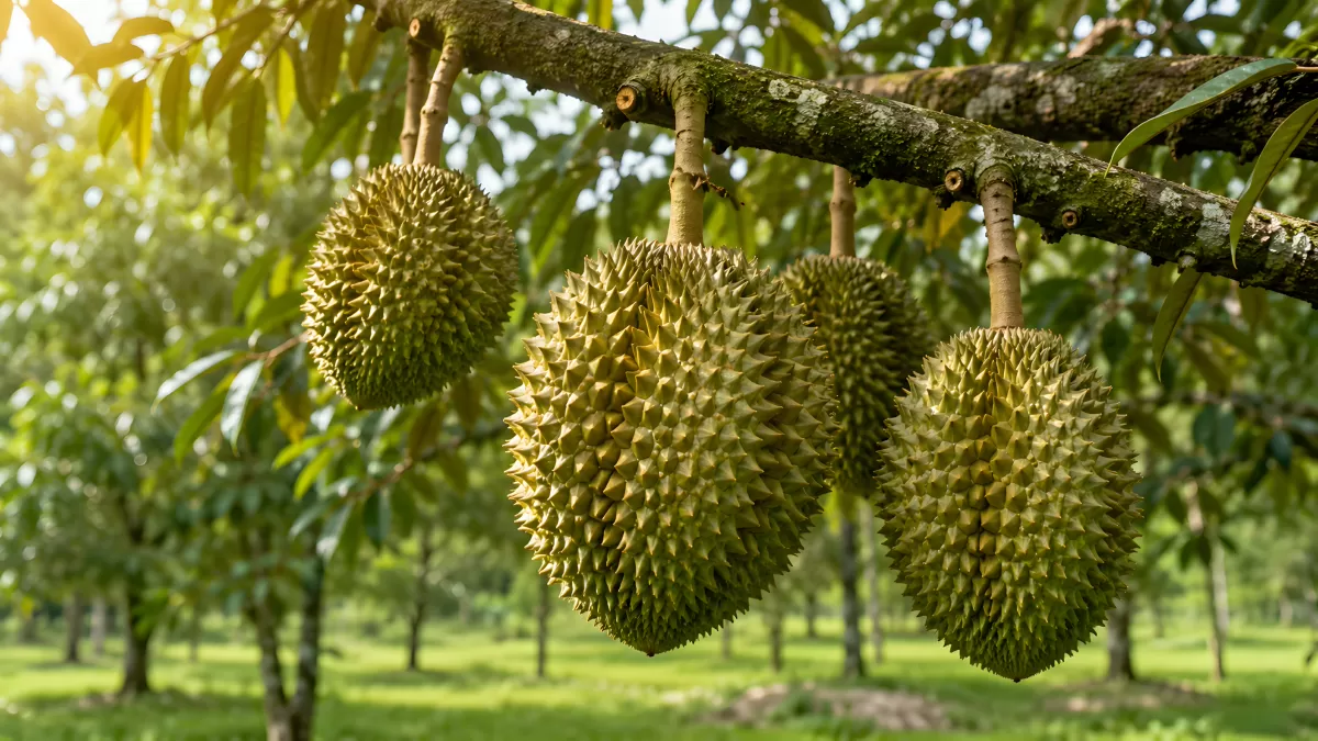 Reife Durian-Früchte hängen am Baum im Obstgarten