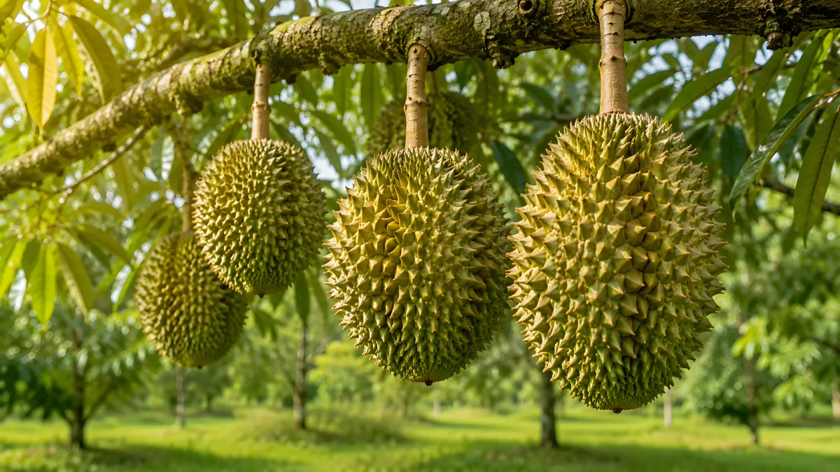 Reife Durian-Früchte hängen an einem Baum