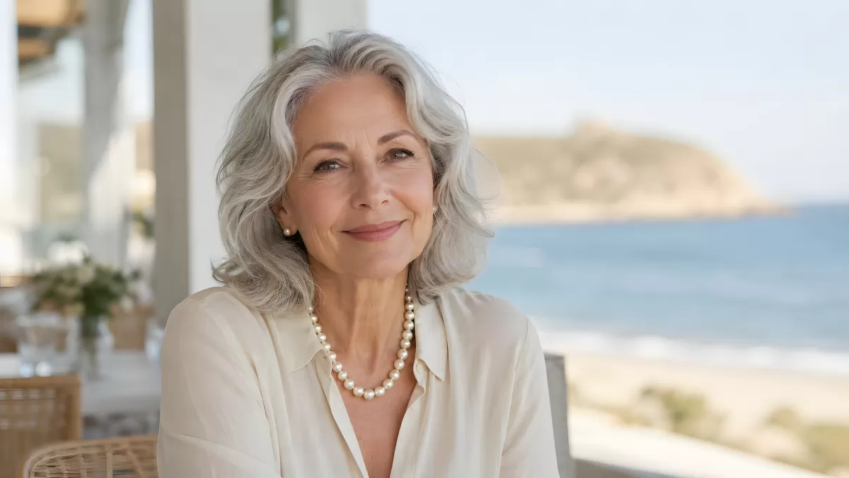 Reife Eleganz: Dame mit Perlenschmuck am Meer