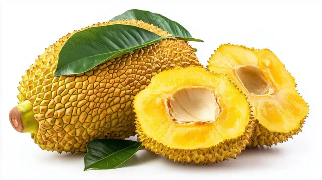 Reife Jackfrucht mit grünen Blättern