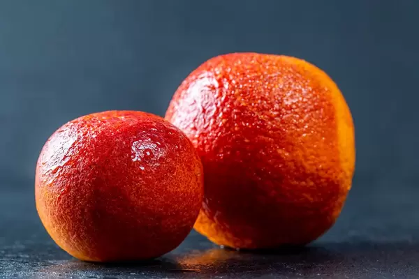 Reife kleine und große Blutorange mit Wassertropfen vor dunklem Hintergrund