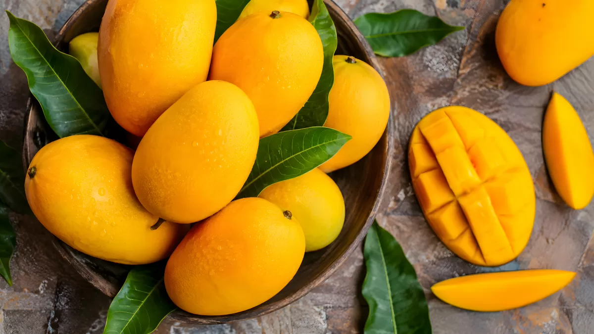 Reife Mangos in Holzschale mit frischen Blättern