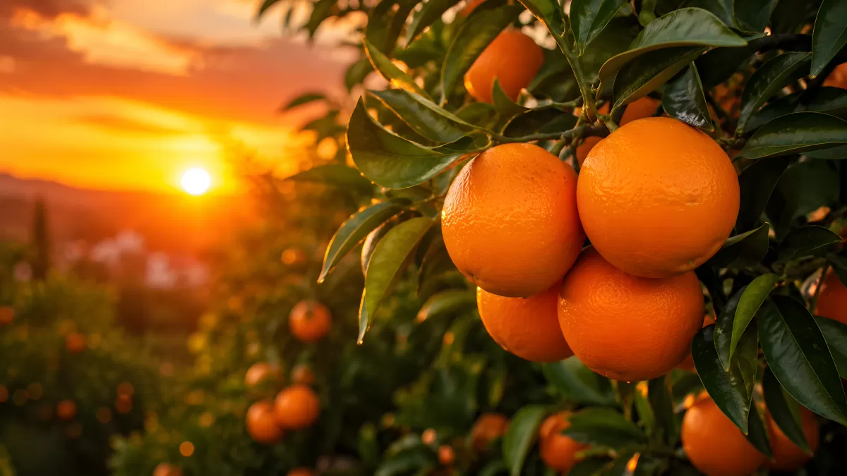 Reife Orangen am Baum bei goldenem Sonnenuntergang