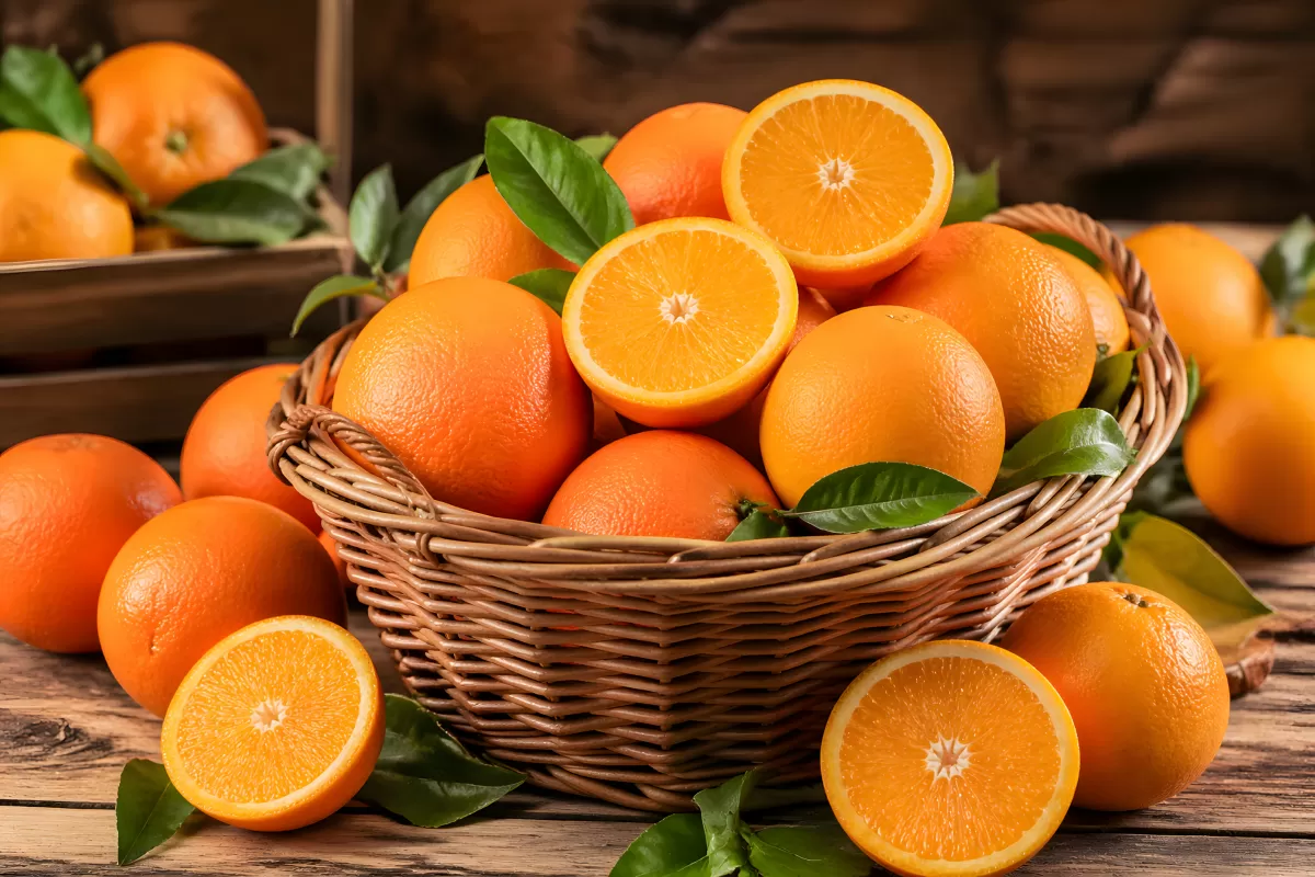 Reife Orangen im Weidenkorb auf Holztisch