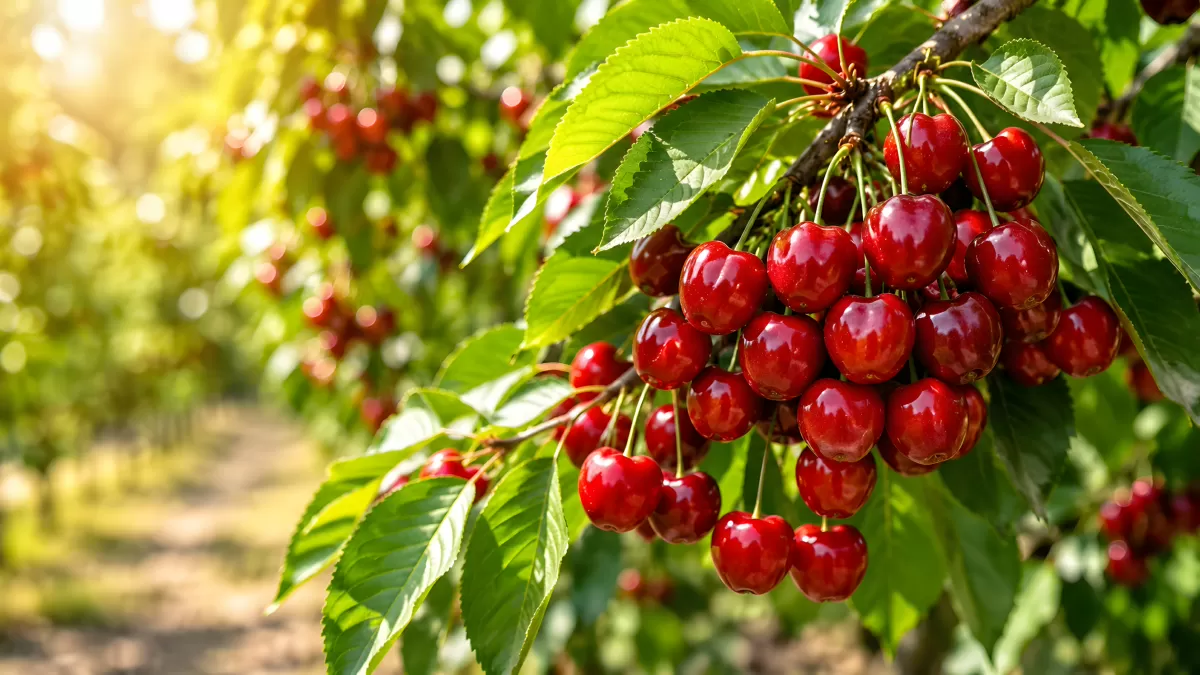 Reife rote Kirschen hängen an einem Ast im Obstgarten