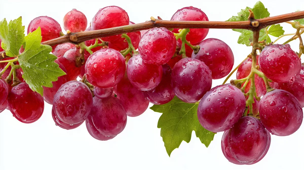 Reife rote Trauben mit Blättern an der Rebe