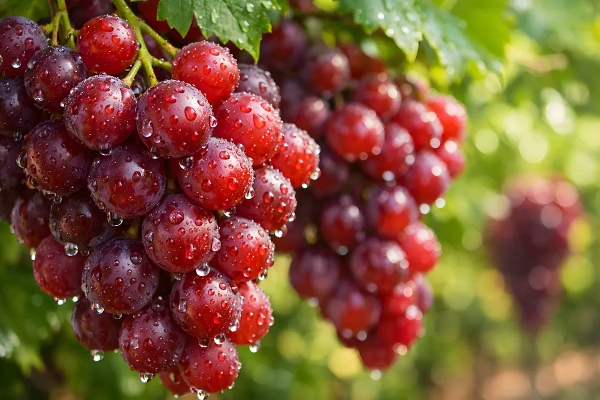Reife rote Weintrauben mit Wassertropfen am Rebstock