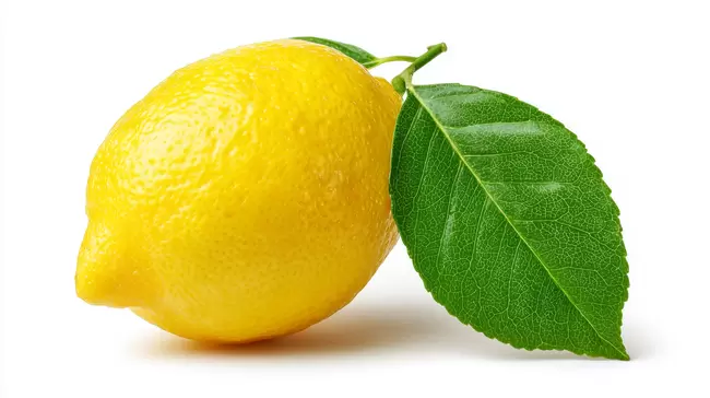 Reife, saftige Zitrone mit Blatt