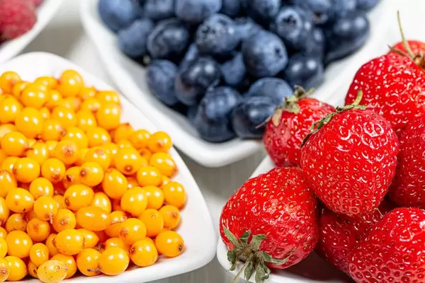 Reife Sanddornbeeren, Blaubeeren, Himbeeren und Erdbeeren close-up