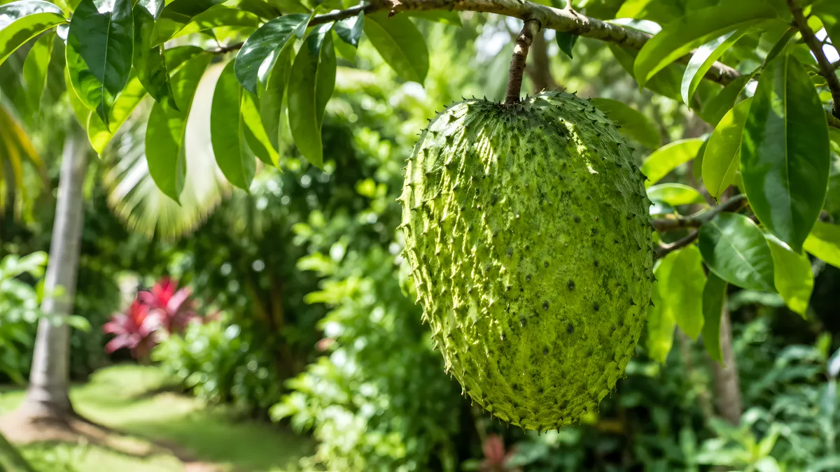 Reife Soursop-Frucht hängt am Baum im Tropenwald