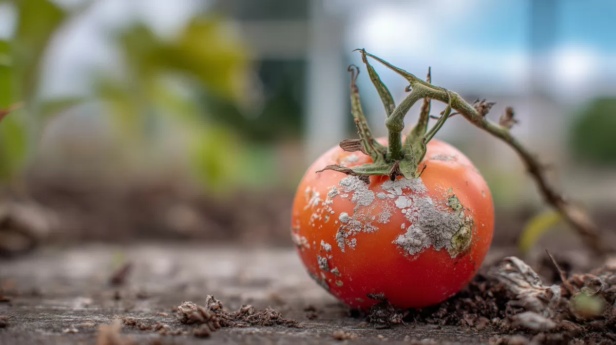 Reife Tomate auf feuchtem Boden mit üppiger Natur