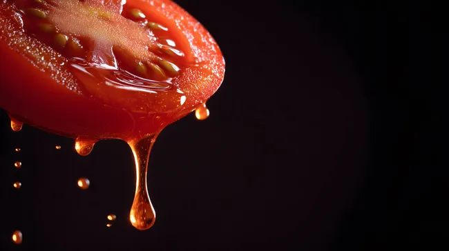 Reife Tomate mit Tomatensaft-Tropfen