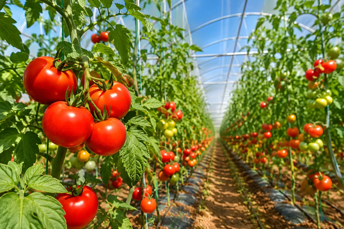 Reife Tomaten wachsen in einem Gewächshaus
