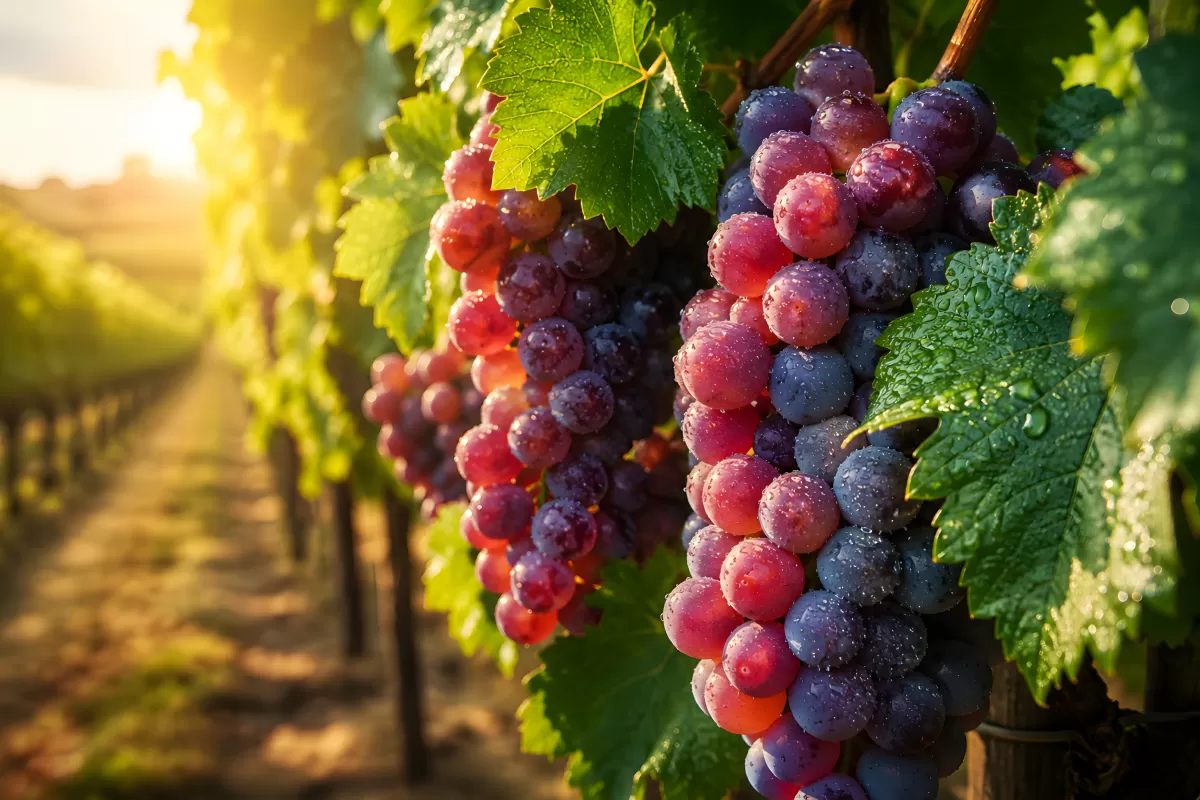 Reife Weintrauben mit Wassertropfen im Weinberg