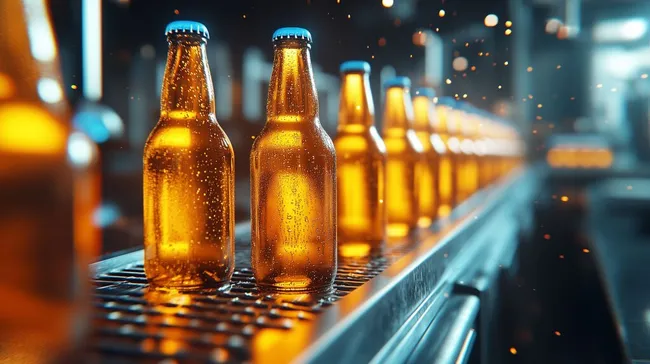 Reihe frischer Biergläser auf moderner Förderanlage