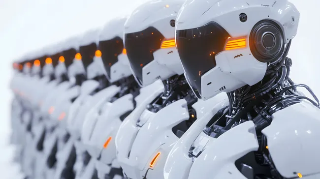 Reihe futuristischer KI-Roboter in Weiß